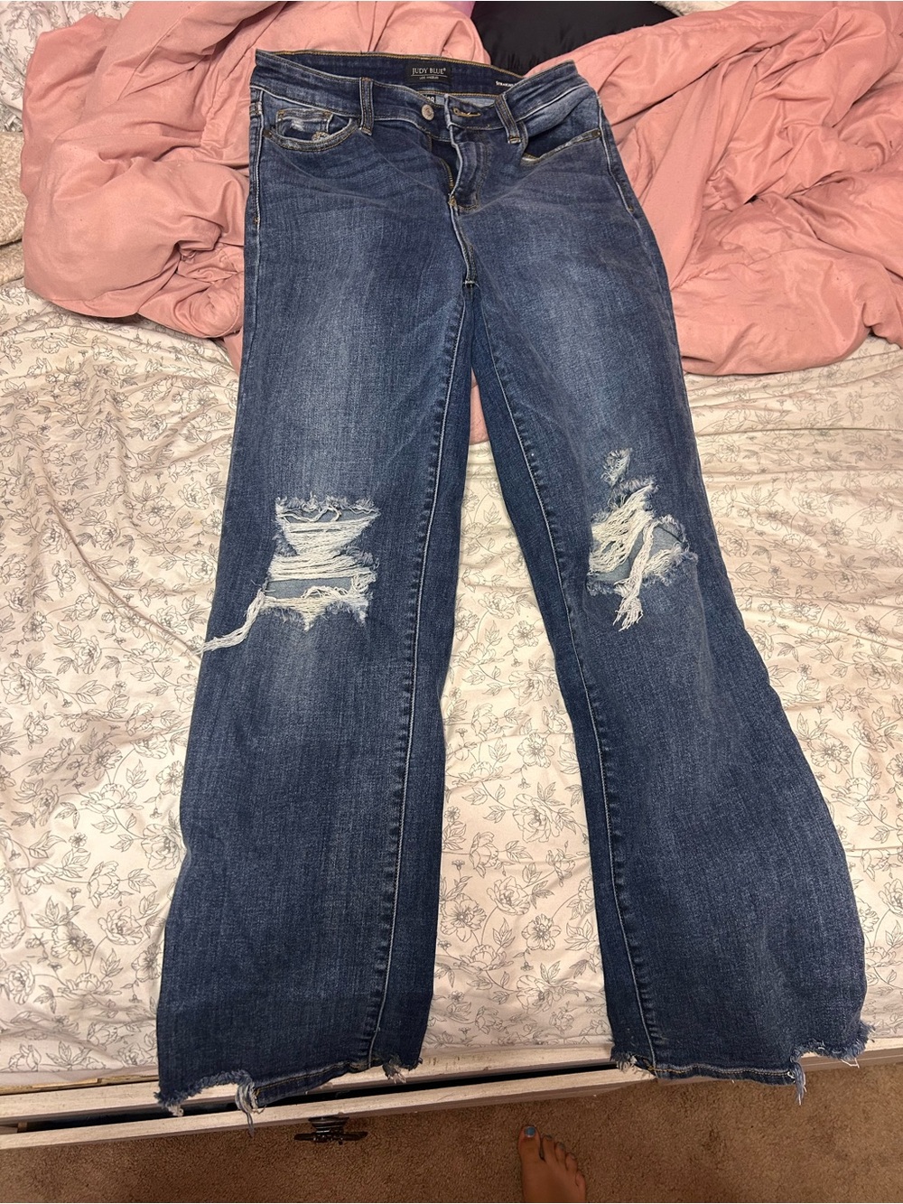 Judy Blue Mid-Blue Distressed Wide-Leg Jeans